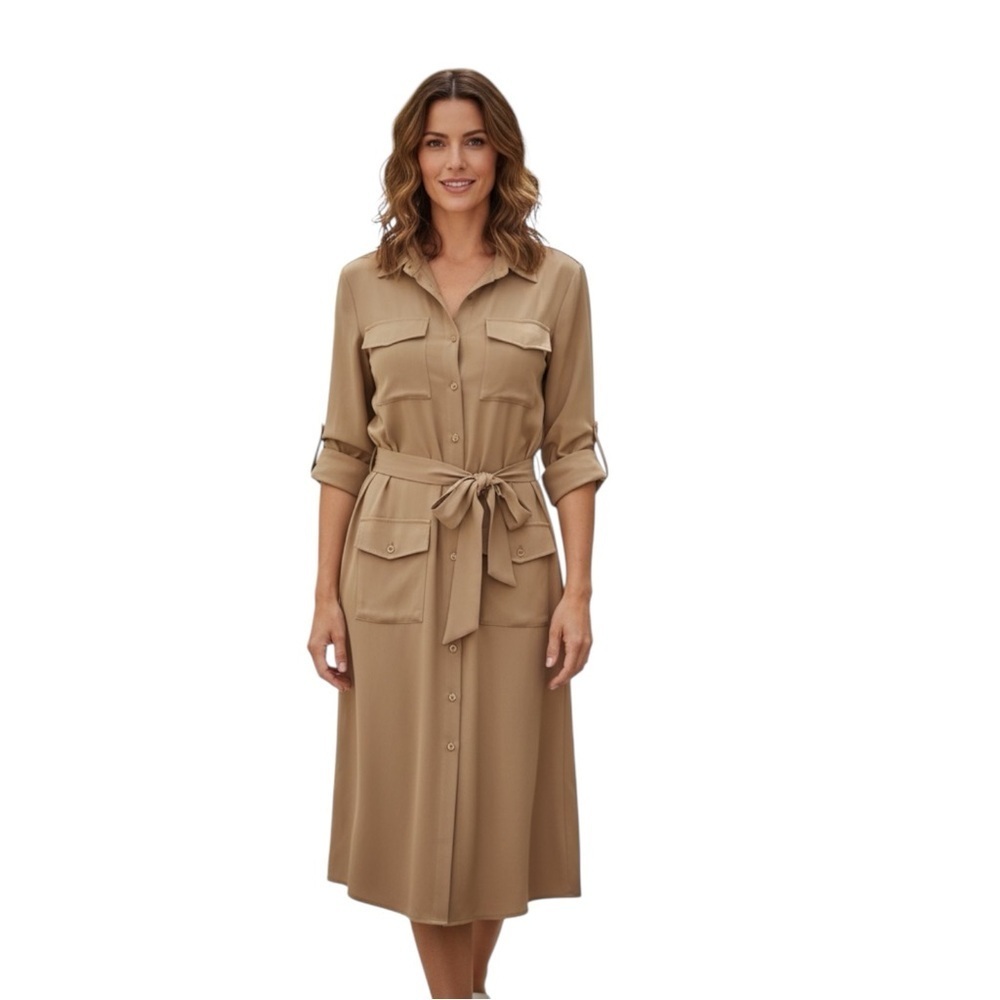 Zara Woman Studio Beige Shirt Dress Belted Utility Style Size S
